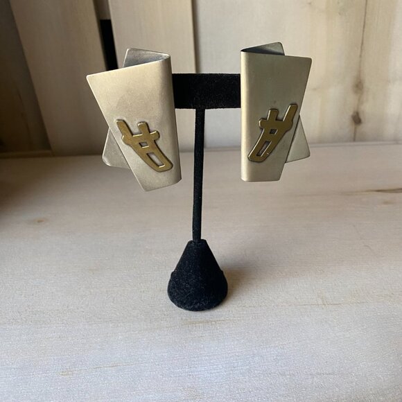 Vintage Sterling Silver Brutalist Modernist Chunky Brass Clip on Earrings - Picture 9 of 11